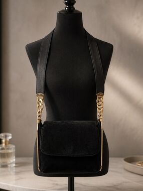 GUCCI Rare Old Gucci Gold Hardware Black Suede Vintage 1990s Shoulder Bag